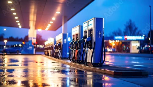 Nighttime gas station, wet pavement reflecting lights