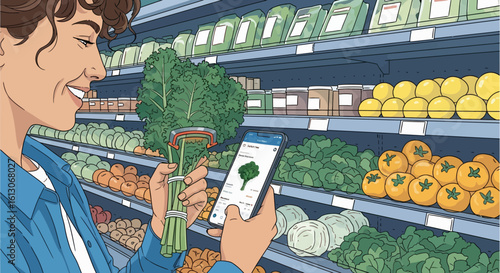 Smiling shopper uses smartphone to scan kale in a well-stocked grocery store aisle.