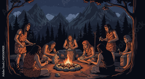 Stone Age Craftsmanship: A Gathering of Early Humans Around a Campfire