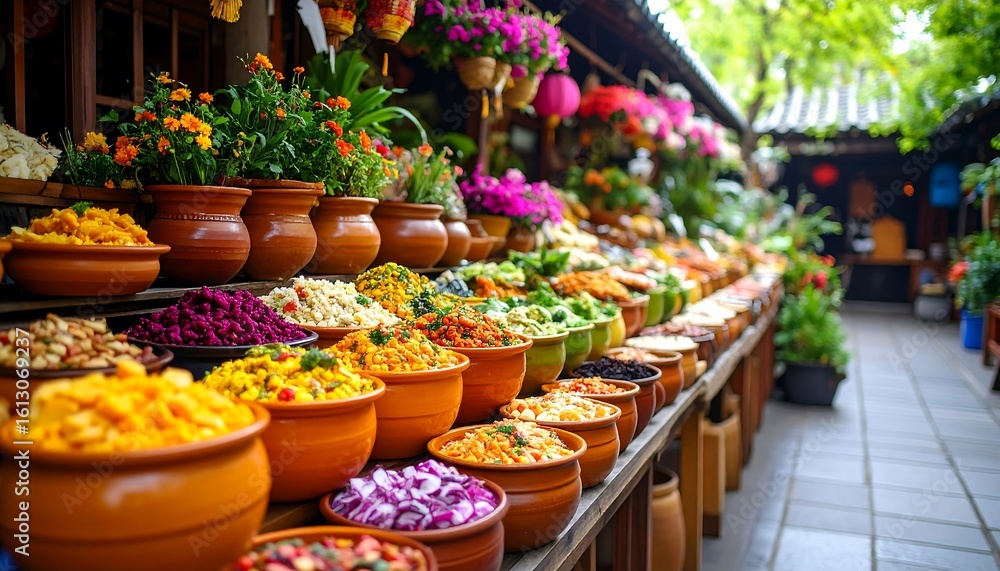 Fototapeta premium Colorful street food stalls with assorted vegetables