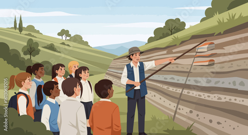 Students Learning About Geology with a Teacher in a Field Trip.