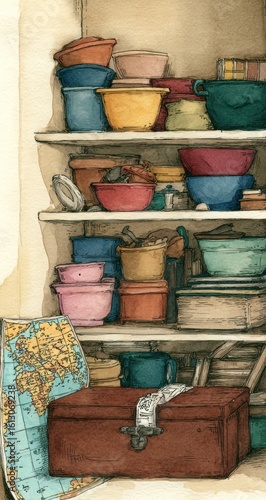 Shelf filled with colorful stacked bowls, pots, boxes, and a map. Watercolor style