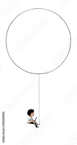 A child, seated on a swing hanging from a colossal, empty circle, gazes thoughtfully at a device in their hands. The monochrome image is simple yet evocative, implying contemplation and imagination