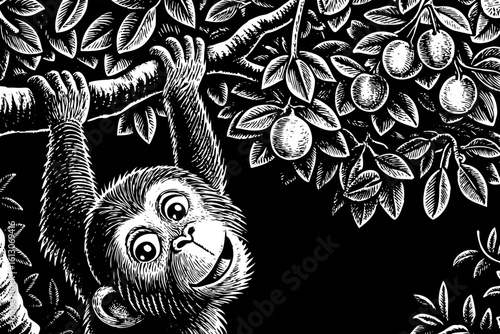 A curious monkey hanging upside down from a tree branch, reaching for a fruit with playful energy and wide eyes, in a black and white line art illustration banner vector