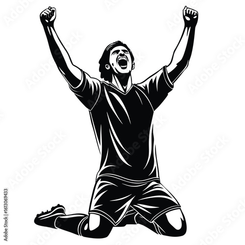 Silhouette of a Victorious Athlete in a Dynamic Pose Celebrating Success with Arms Raised on Knees Expressing Triumph