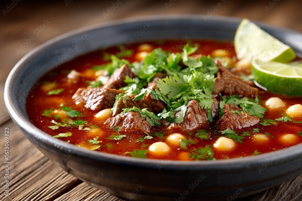 Spicy mexican pozole soup with beef, hominy, and citrus garnish Spicy mexican pozole soup with beef, hominy, and citrus garnish