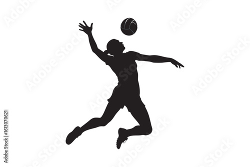 Silhouette of a female volleyball player jumping to spike the ball isolated on a white background showcasing athleticism and competitive spirit in a minimalist design