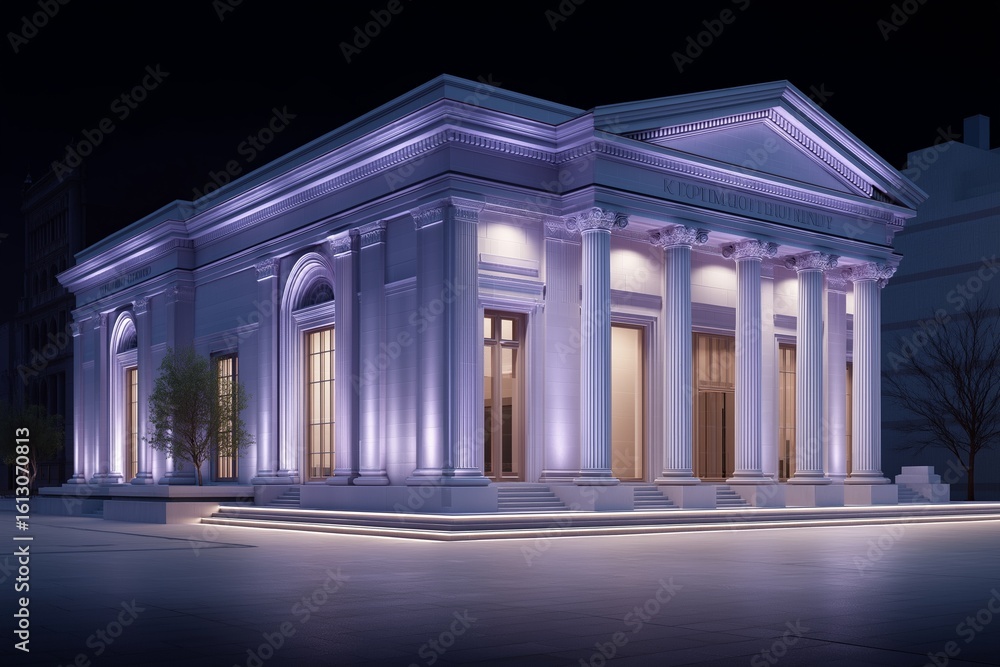 Obraz premium Elegant neo-classical building illuminated at night with columns and trees