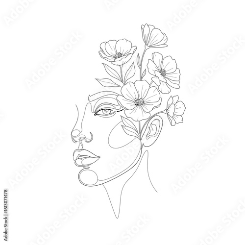 minimalist half face line art with flowers growing from the head or hair, elegant continuous black ink lines, artistic and dreamy composition on white background