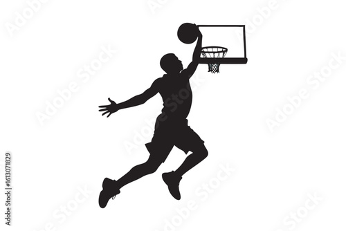 Silhouette of a basketball player performing a slam dunk against a white background showcasing athleticism skill and the excitement of the sport vector illustration