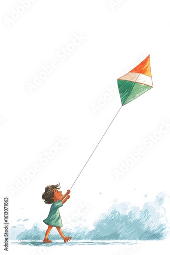 A young Indian boy flies a kite in the colors of the Indian flag: saffron, white, and green. The child is joyful and engaged in the activity. Indian Independence Day.