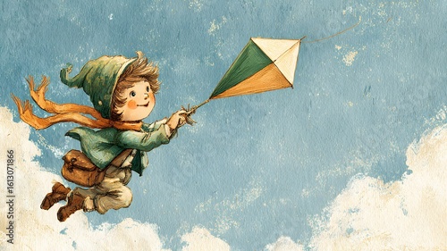A young Indian boy flies a kite in the sky. The kite features saffron, white, and green colors, symbolizing Indian Independence Day. The boy wears a green outfit and a scarf.