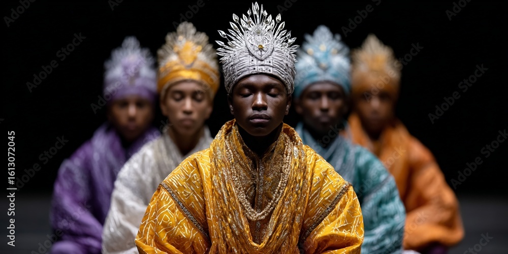 Fototapeta premium African men in traditional regal attire meditating with ornate crowns