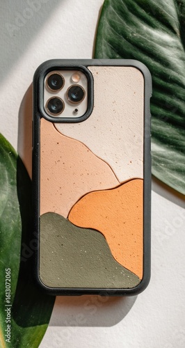 A phone case showing layered abstract shapes of cream, orange, and green, laid on white surface with green leaves