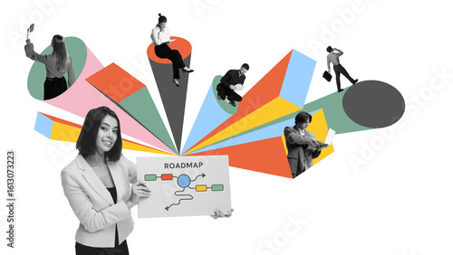 Fotografija Colorful collage of smiling woman holding roadmap diagram surrounded by hybrid team members on abstract shapes