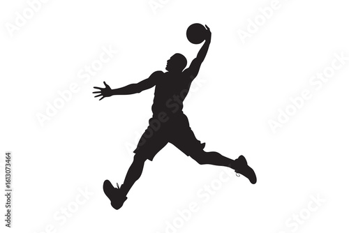 Silhouette of a basketball player in mid air reaching for the ball isolated on a white background showcasing athleticism and skill in a dynamic pose