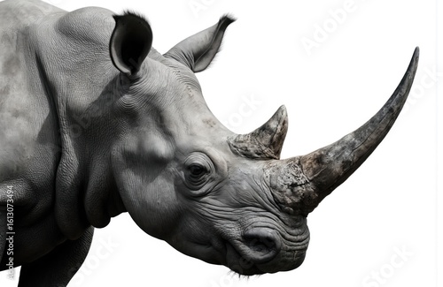 Rhinoceros animal in natural white color, face right, distinctive grey, white horn. Close-up focus on rhino horn, face, plain background. No text, objects clutter, sharp focus, detailed face, horns,