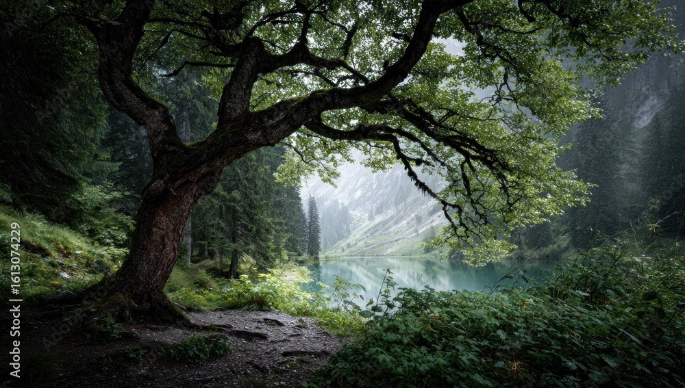 Obraz premium Serene landscape view of a tranquil lake reflecting the sky, framed by a gnarled, leafy tree in the foreground and dense evergreen forest rising sharply in the background
