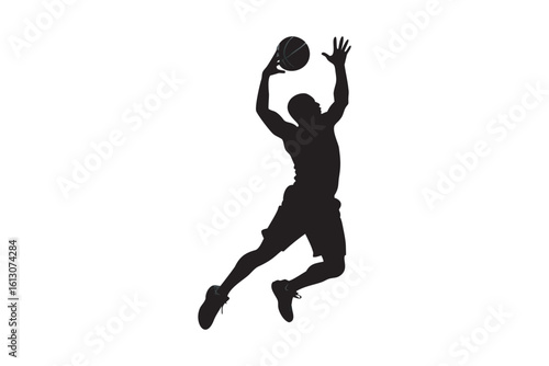 Silhouette of a basketball player jumping to catch the ball isolated on white background showcasing athleticism and sportsmanship in a minimalist and graphic representation