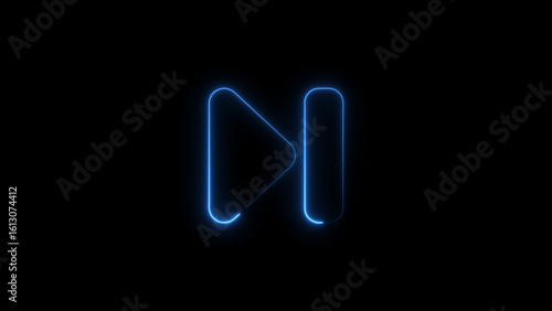 Glowing neon next icon for media player and audio visual content on a black background