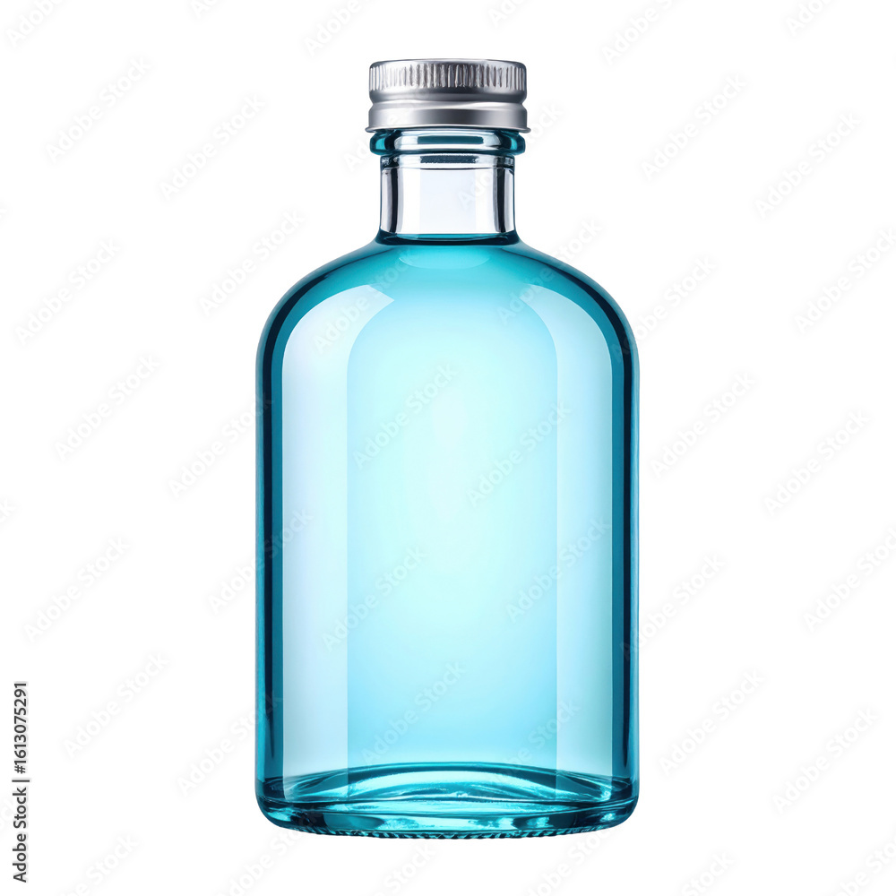 A clear glass bottle filled with light blue liquid and a silver cap isolated on transparent background. PNG die-cut for advertising
