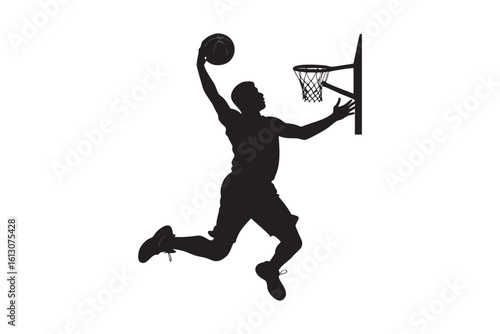Silhouette of a basketball player performing a slam dunk showcasing athleticism and skill in a dynamic action shot against a clean white background emphasizing sport