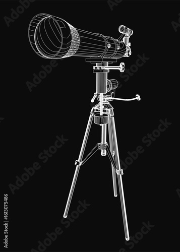 A black and white contour drawing of a telescope mounted on a sturdy tripod, set against a dark background. The illustration features clean lines and minimal details.
