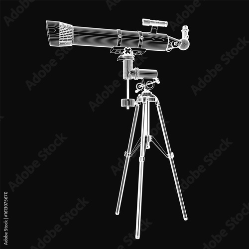 A black and white contour drawing of a telescope mounted on a sturdy tripod, set against a dark background. The illustration features clean lines and minimal details.