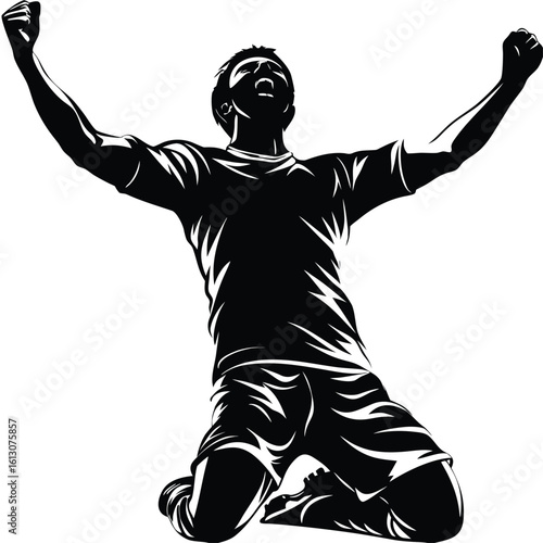 Silhouette of a Victorious Athlete in a Dynamic Pose Celebrating Success with Arms Raised on Knees Expressing Triumph