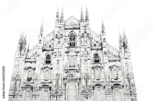 A black-and-white sketch of the facade of Duomo di Milano