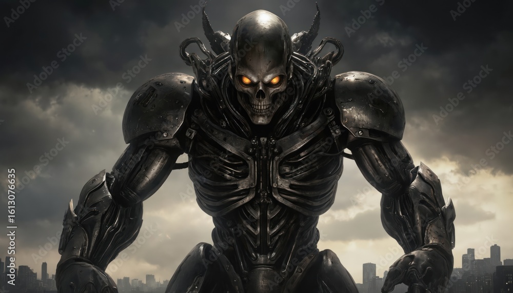 Naklejka premium Robot figure stands firmly on hind legs, facing right side. Scaly metallic skin glistens under light. Bald head gleams, eyes radiate light beam. Helmet features large eye on top. Cloudy sky backdrop