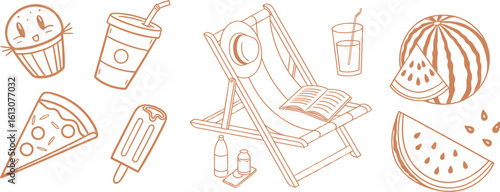 Hand-drawn summer doodle set featuring beach chair, watermelon, drinks, pizza, cupcake, and popsicle. Perfect for seasonal designs, kids' projects, and fun holiday illustrations.