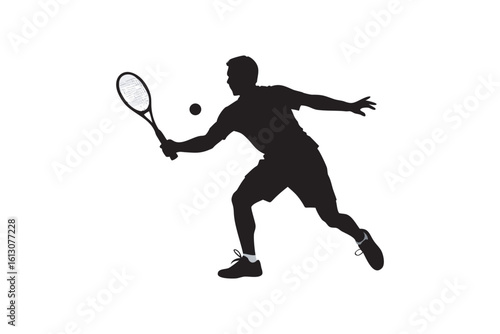 Silhouette of a tennis player hitting a forehand shot isolated on a white background showcasing the dynamic movement and athleticism of the sport in a