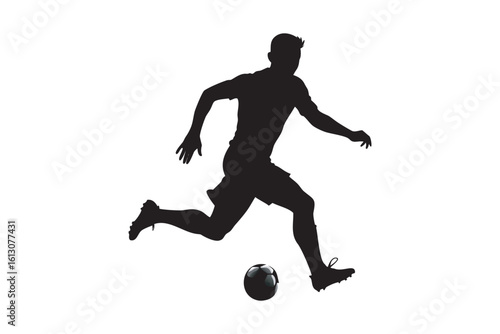 Silhouette of a soccer player kicking a ball isolated on white background representing sports action competition and athleticism in a simple and graphic design style