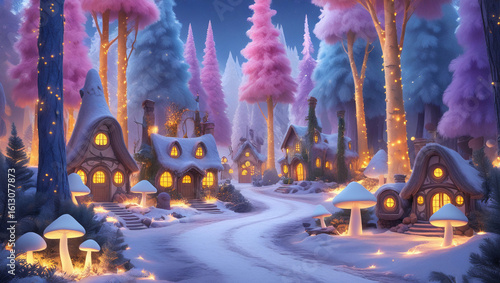 Fantasy winter forest village with glowing mushrooms and snowy rooftops, great for digital illustration, magical backdrops, and fairytale visuals.