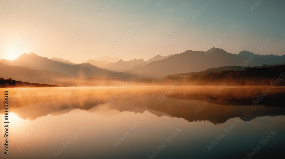 Realistic Sunrise Photo of Calm Lake with Mist, Capturing Natural Peace and Emotional Stillness for Mental Wellbeing Themes Realistic Sunrise Photo of Calm Lake with Mist, Capturing Natural Peace and Emotional Stillness for Mental Wellbeing Themes