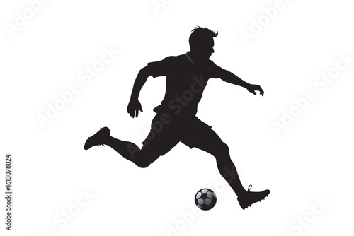 Silhouette of a soccer player kicking a ball with power and precision isolated on a white background showcasing athleticism and sportsmanship in a simple and