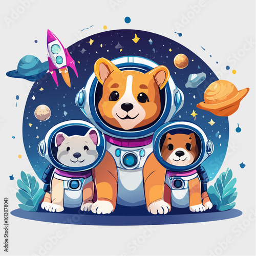Futuristic vector design of Shaggy and Scooby as space explorers, sci-fi background, neon palette, ideal for a quirky t-shirt