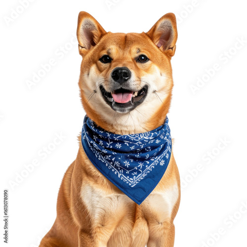 A happy Shiba Inu dog wearing a blue patterned bandana looking at the camera with its mouth open isolated on transparent background. PNG die-cut for advertising