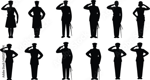 Military Silhouette Soldiers Saluting with Rifles and Uniforms, Male and Female Army Personnel, Vector Illustration of Armed Forces Standing in Respect
