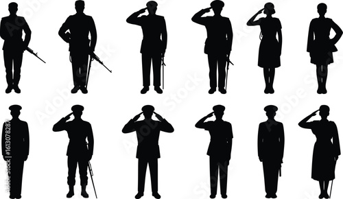 Military Silhouette Soldiers Saluting with Rifles and Uniforms, Male and Female Army Personnel, Vector Illustration of Armed Forces Standing in Respect