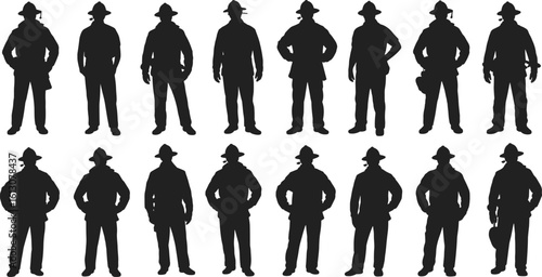 Silhouette of Firefighters Standing in Uniform, Fireman Team Vector Illustration, Emergency Rescue Personnel, Heroic Fire Service Concept, Isolated Design