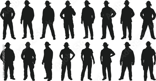 Silhouette of Firefighters Standing in Uniform, Fireman Team Vector Illustration, Emergency Rescue Personnel, Heroic Fire Service Concept, Isolated Design