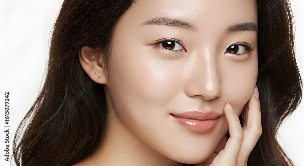 Obraz premium Close-up of Asian Woman's Face with Glossy Lips and Hand on Cheek