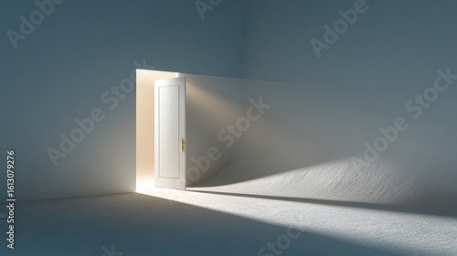 Minimalist White Door Opening with Bright Light and Shadow in Empty Room
