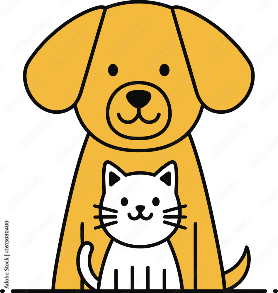 Fototapeta premium Happy golden retriever dog and white cat sitting together.