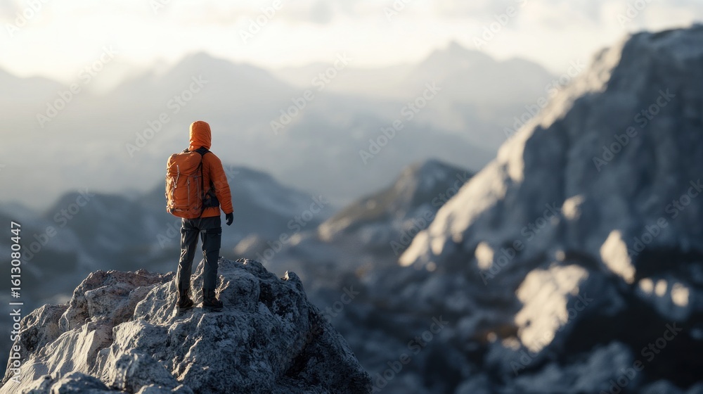Obraz premium Summit Seeker Contemplates Alpine Vista: A Journey of Exploration and Freedom