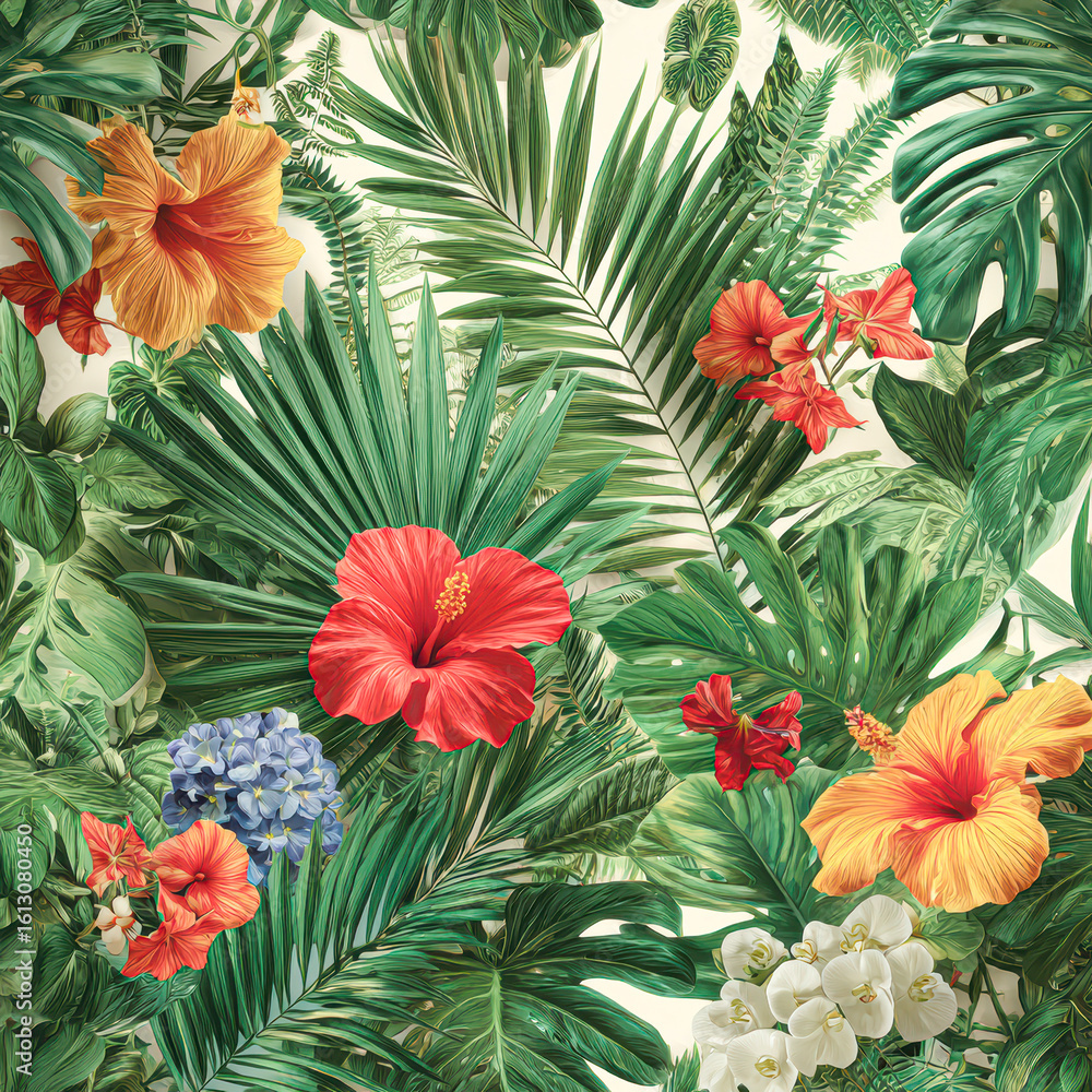 Naklejka premium A vibrant tropical pattern featuring lush green palm leaves, colorful hibiscus, orchids, and other exotic flowers.