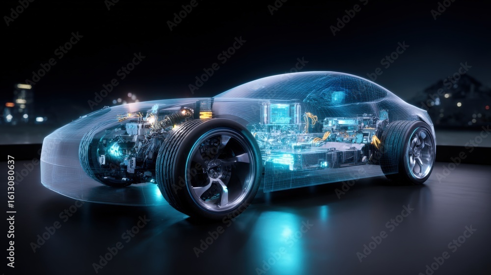 Fototapeta premium Futuristic transparent electric vehicle with visible internal components glowing in night cityscape with digital effects and modern vehicle design