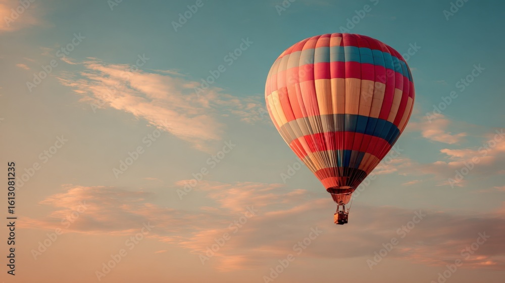 Obraz premium Vibrant Hot Air Balloon Floating in Clear Sky Du Sunrise or Sunset Over Scenic Cloudscapes and Soft Clouds